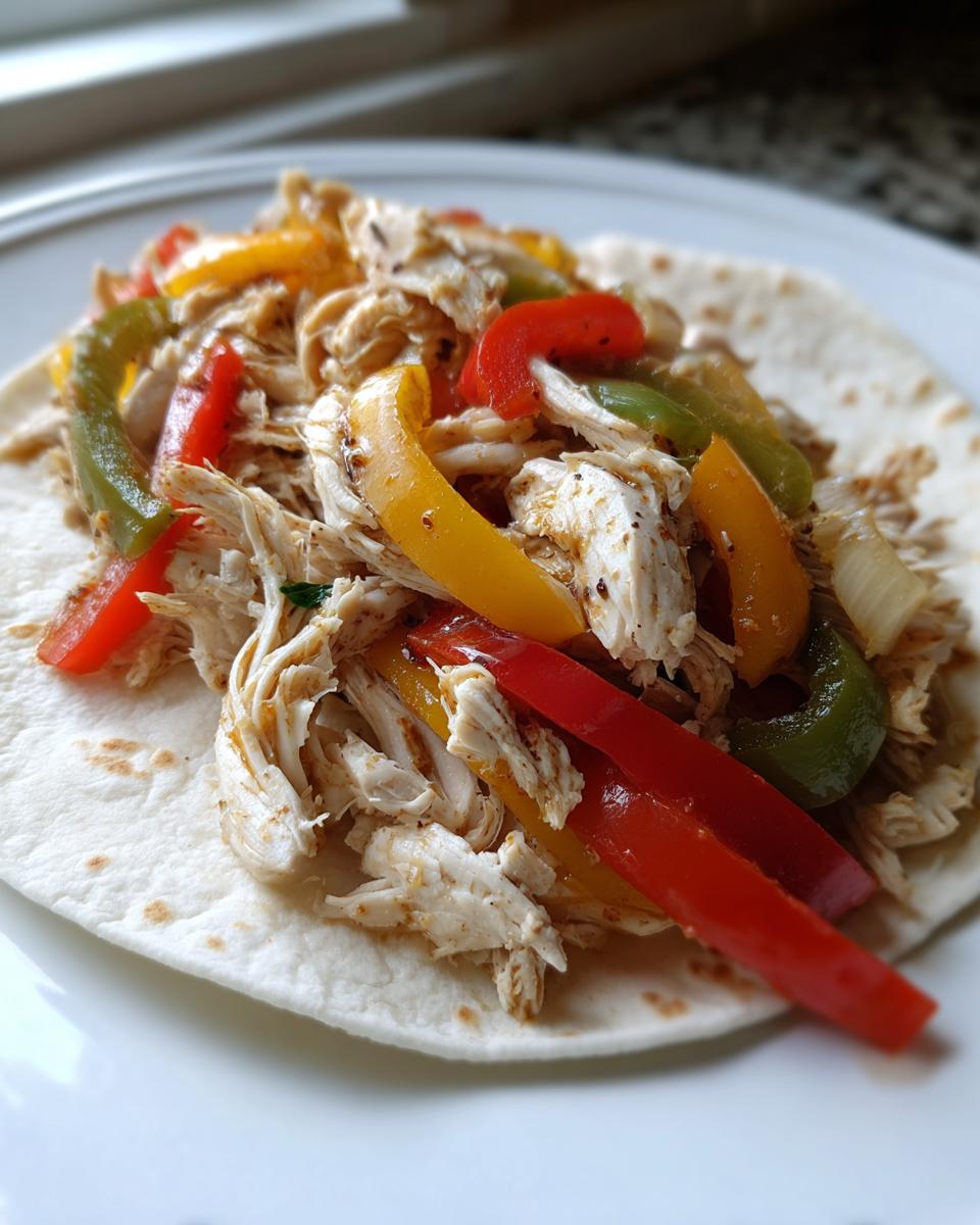 Close-up of shredded chicken and colorful bell pepper strips on a soft flour tortilla, ready for crockpot chicken fajitas.