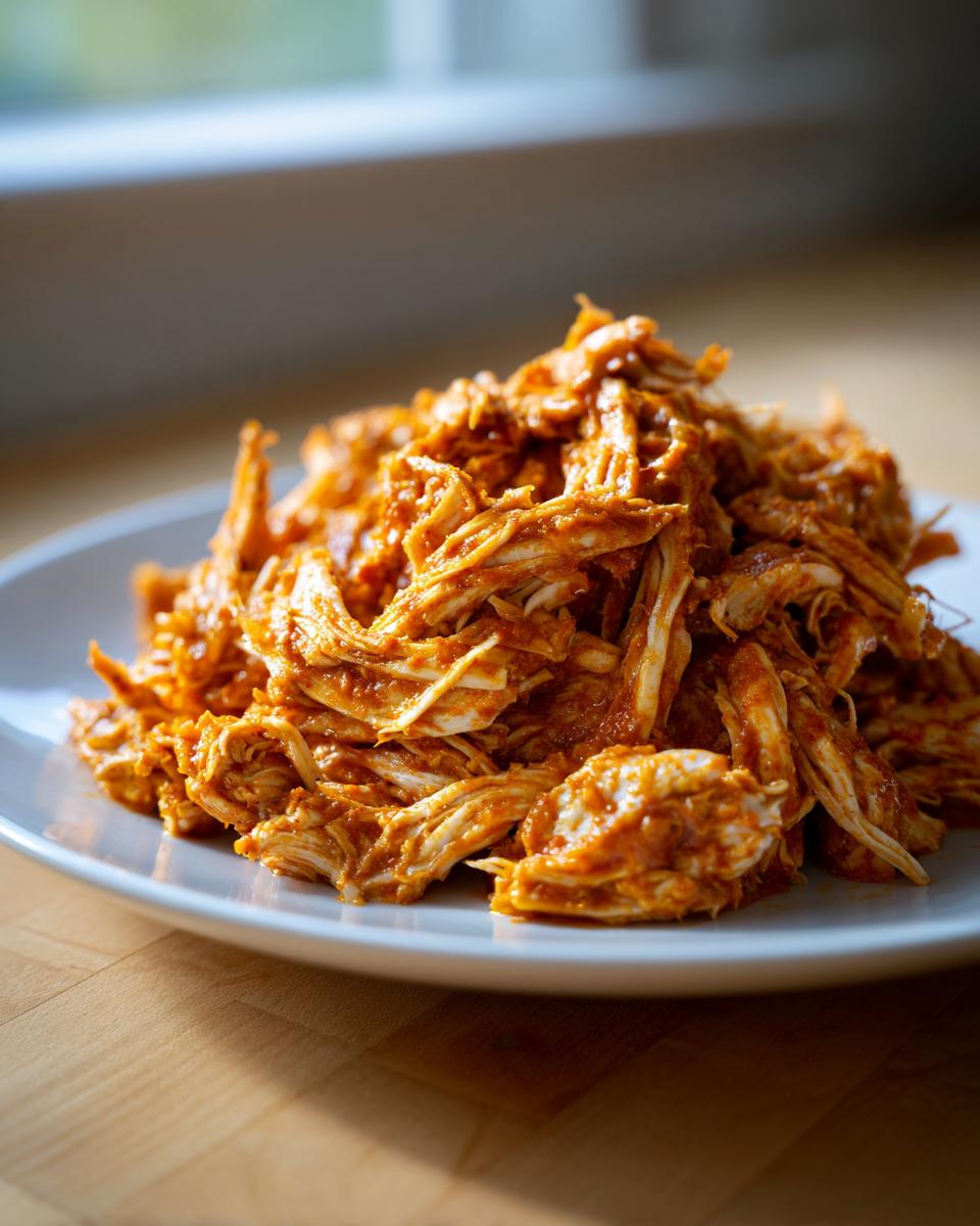 A close-up mound of saucy, shredded chicken tinga piled high on a white plate.