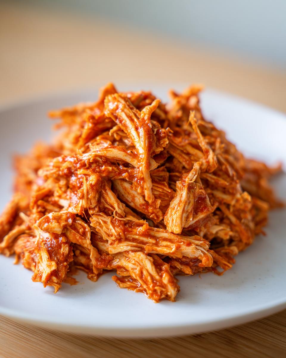 Close-up of shredded chicken tinga coated in a rich, red adobo sauce, served on a white plate.