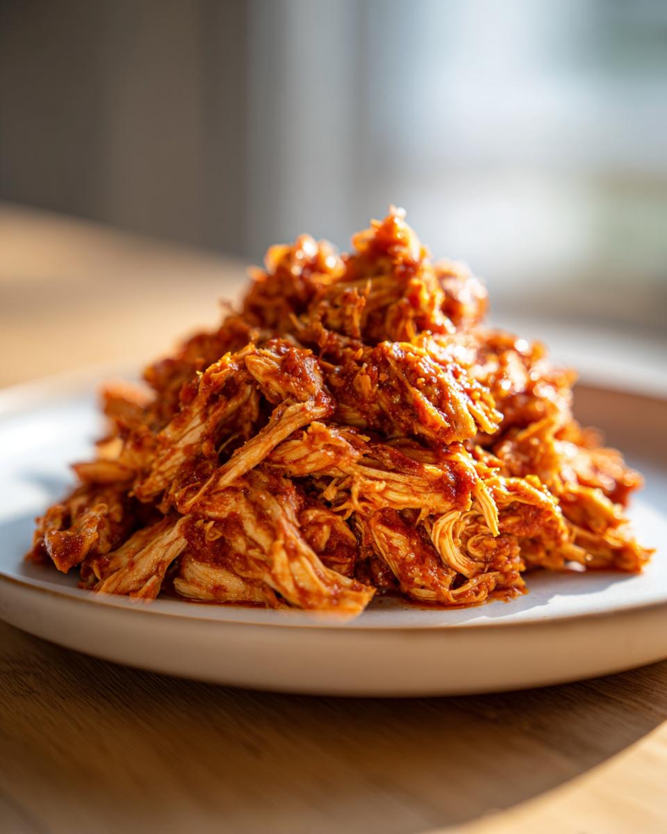 Close-up of a mound of vibrant, saucy shredded chicken tinga served on a light-colored plate.