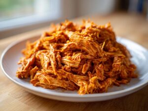 Close-up of a mound of vibrant, saucy shredded chicken tinga served on a light-colored plate.