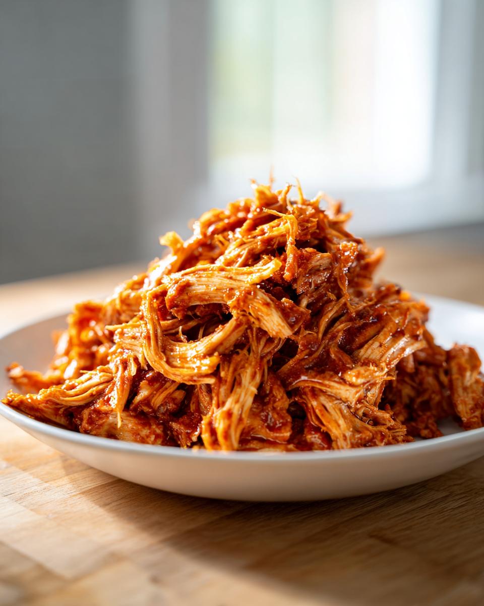 A close-up of a mound of saucy, shredded chicken tinga piled high in a white bowl.
