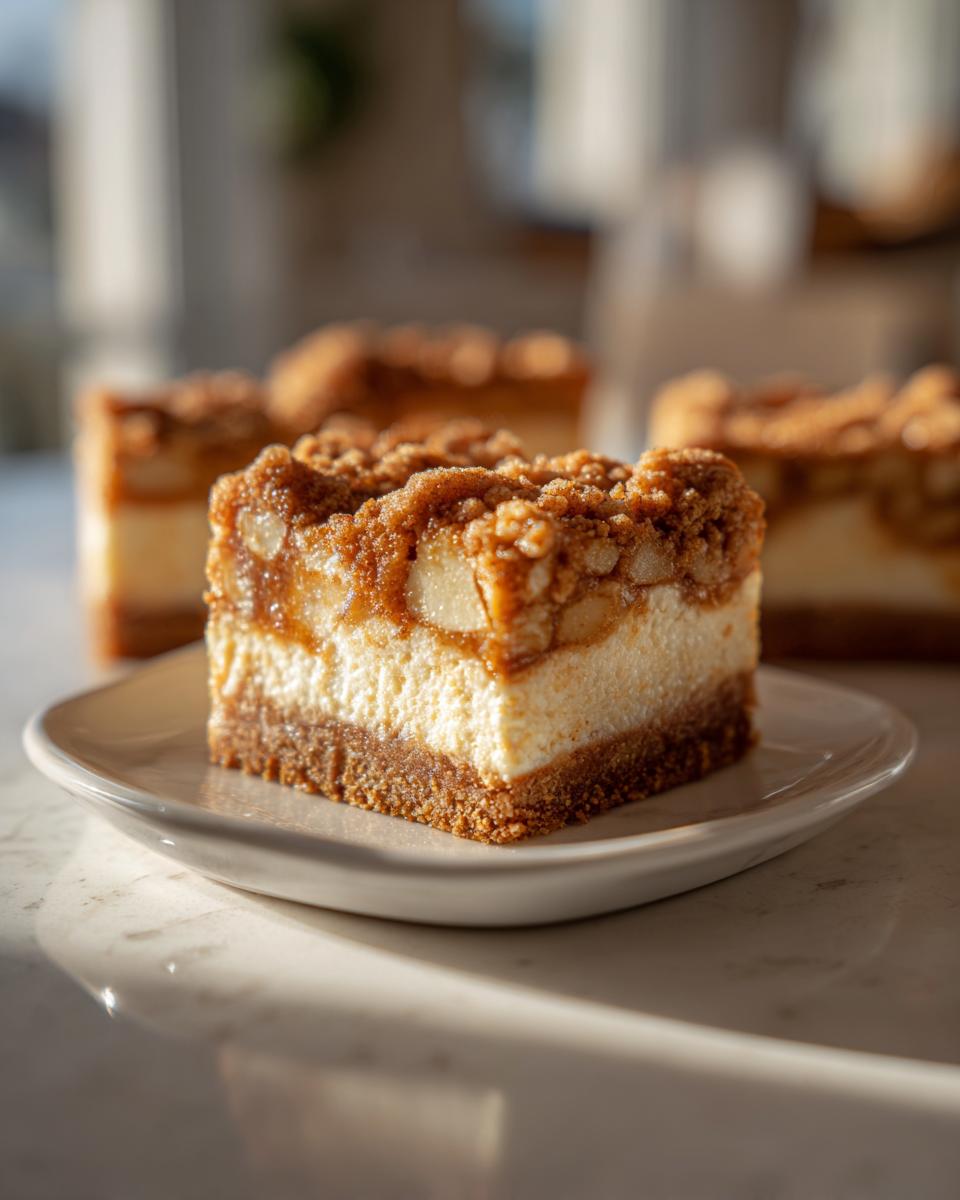 A single, thick slice of apple cheesecake bars with a graham cracker crust, creamy filling, and crumbly apple topping, served on a small white plate.
