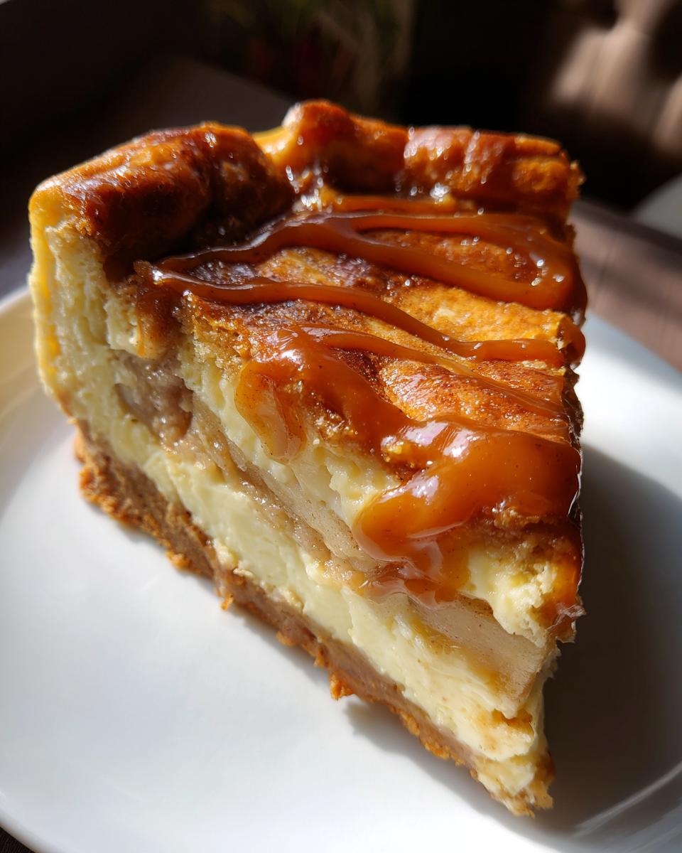 Close-up of a rich slice of apple pie cheesecake topped with gooey caramel sauce.