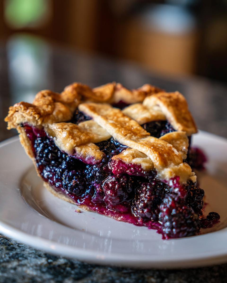 A close-up of a juicy slice of blackberry pie featuring a golden lattice crust and rich, dark berry filling.