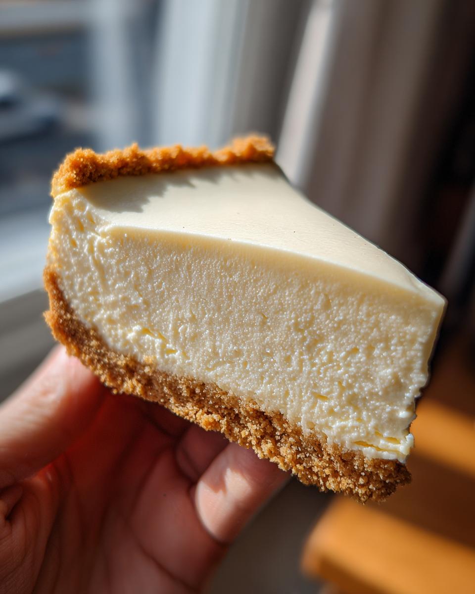 A perfectly baked slice of cheesecake recipe held in hand, showing a thick graham cracker crust and creamy filling.