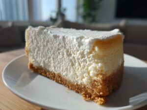 Close-up of a thick slice of creamy cheesecake recipe with a golden graham cracker crust, served on a white plate.