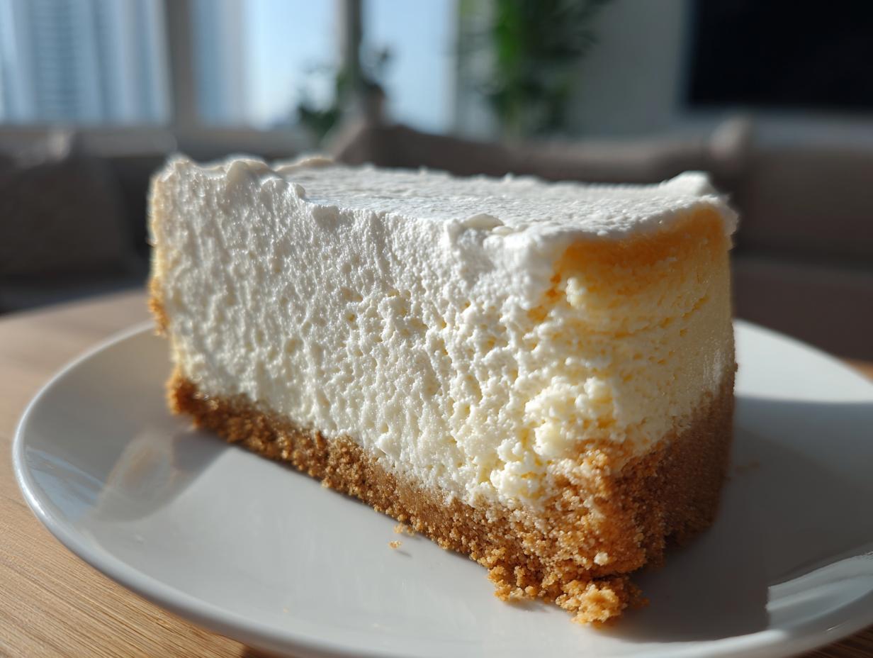 Close-up of a thick slice of creamy cheesecake recipe with a golden graham cracker crust, served on a white plate.