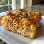 A hearty slice of creamy chicken noodle casserole with a golden, baked cheese crust and fresh parsley.