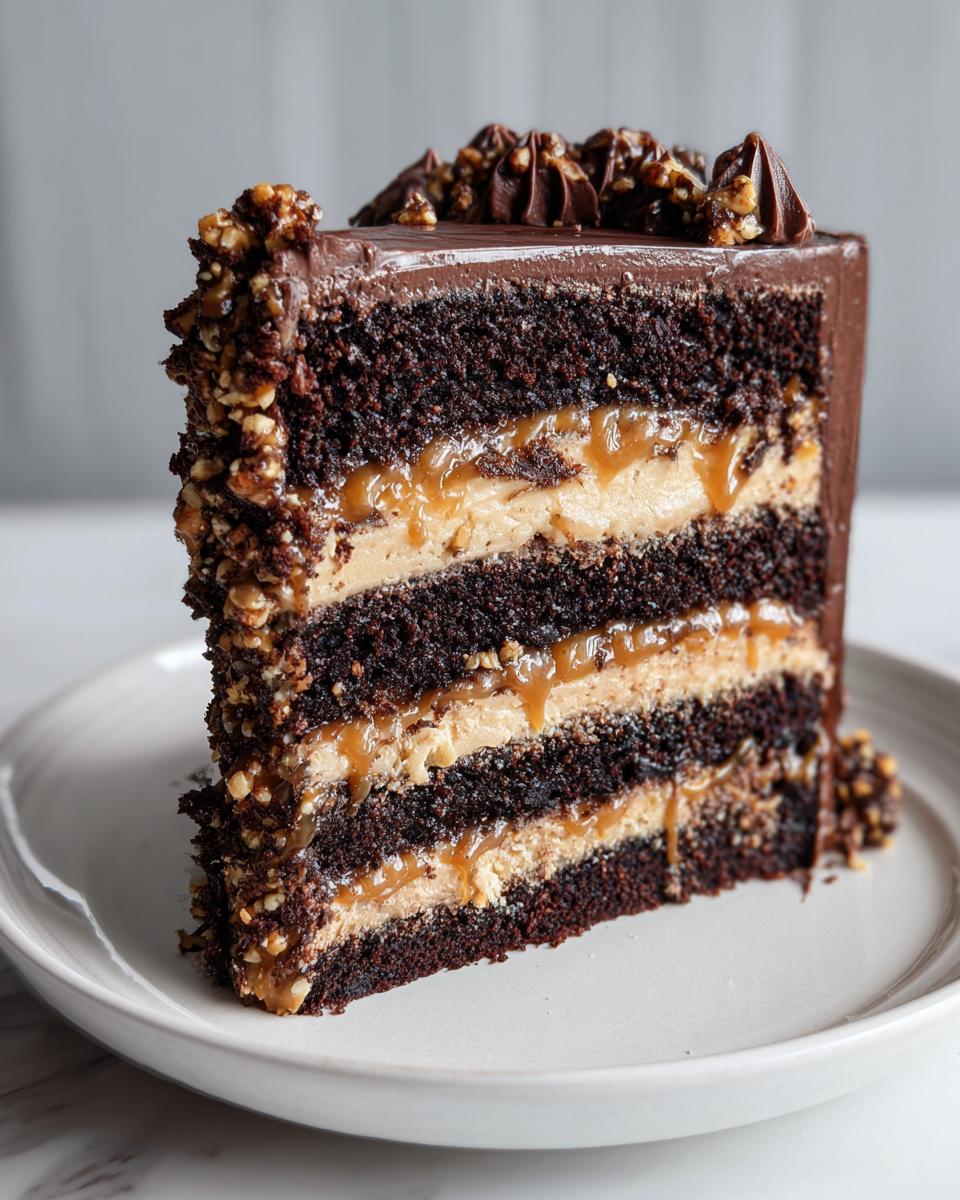 A tall slice of chocolate caramel toffee crunch cake showing four layers of dark chocolate cake, caramel, and peanut butter frosting.