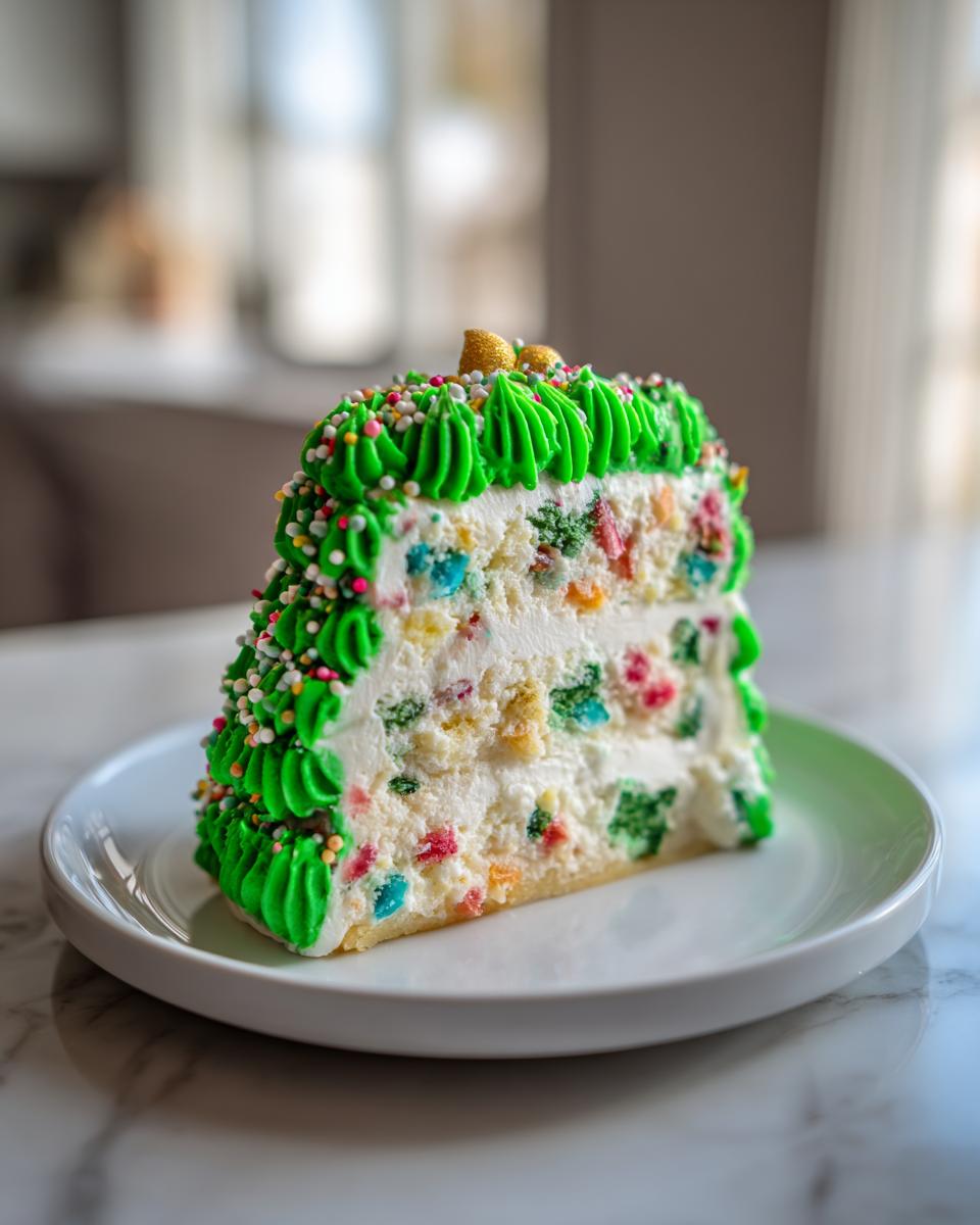 A tall slice of christmas tree cheesecake featuring colorful confetti pieces, white filling, and green piped frosting decorated with sprinkles.