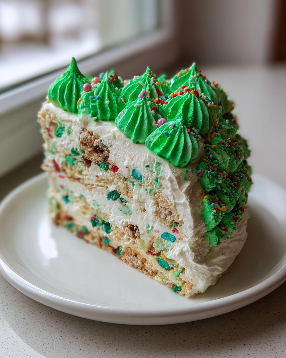 A close-up slice of christmas tree cheesecake featuring layers, white filling with colorful bits, and bright green piped frosting trees topped with sprinkles.