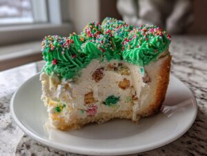 A slice of christmas tree cheesecake with colorful sprinkles on bright green frosting, served on a white plate.