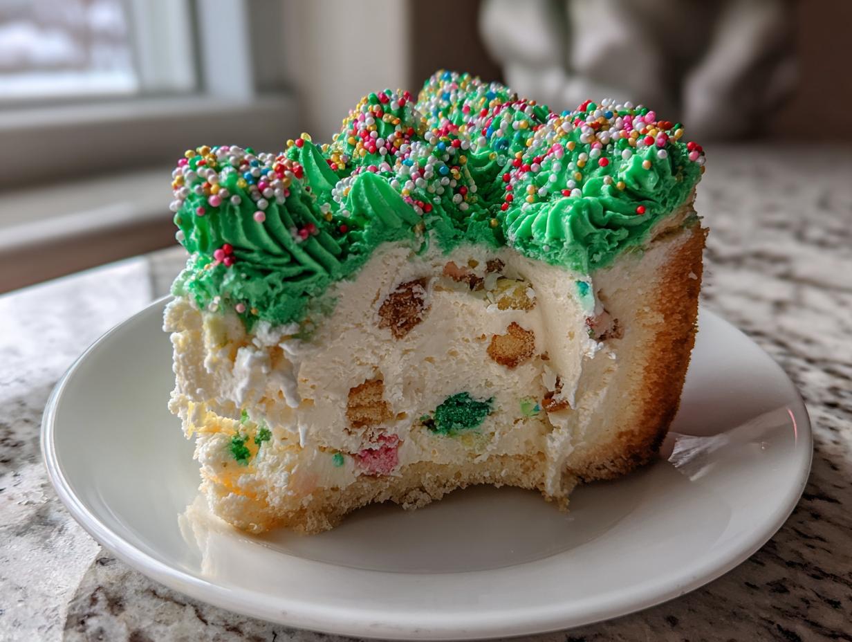 A slice of christmas tree cheesecake with colorful sprinkles on bright green frosting, served on a white plate.