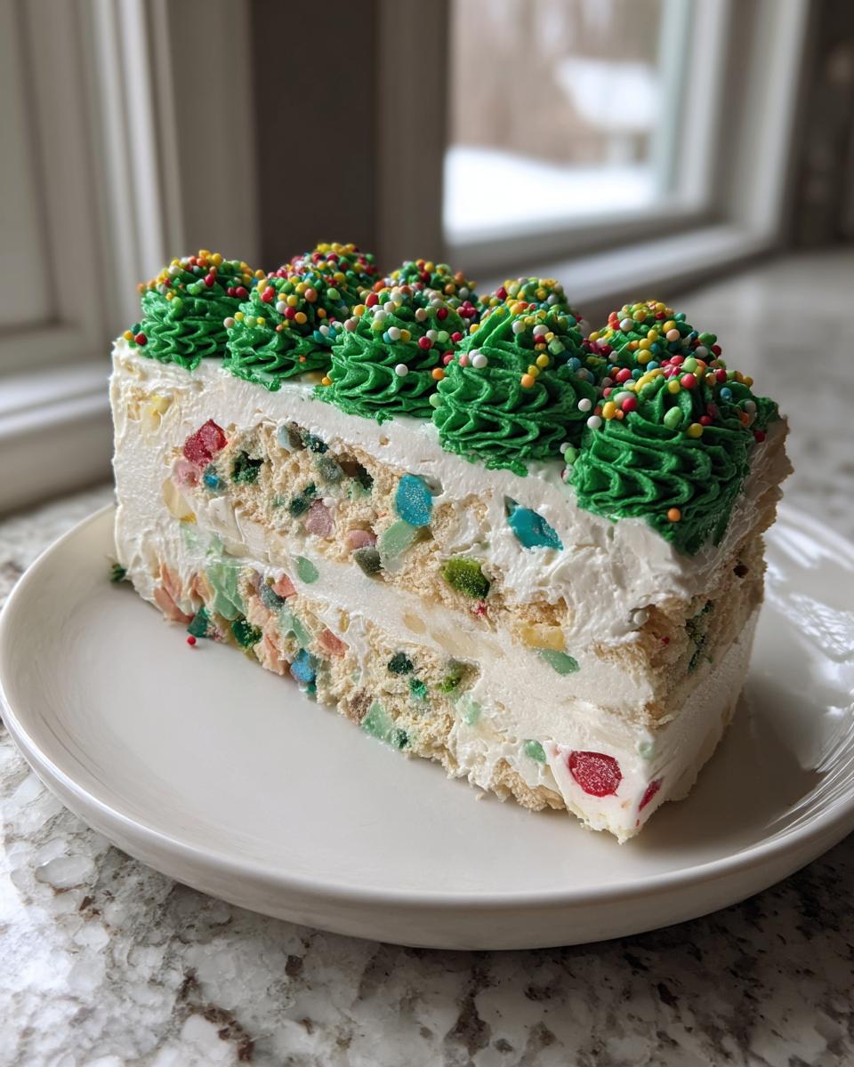 A tall slice of christmas tree cheesecake showing layers of white filling and colorful candies, topped with green frosting trees and sprinkles.