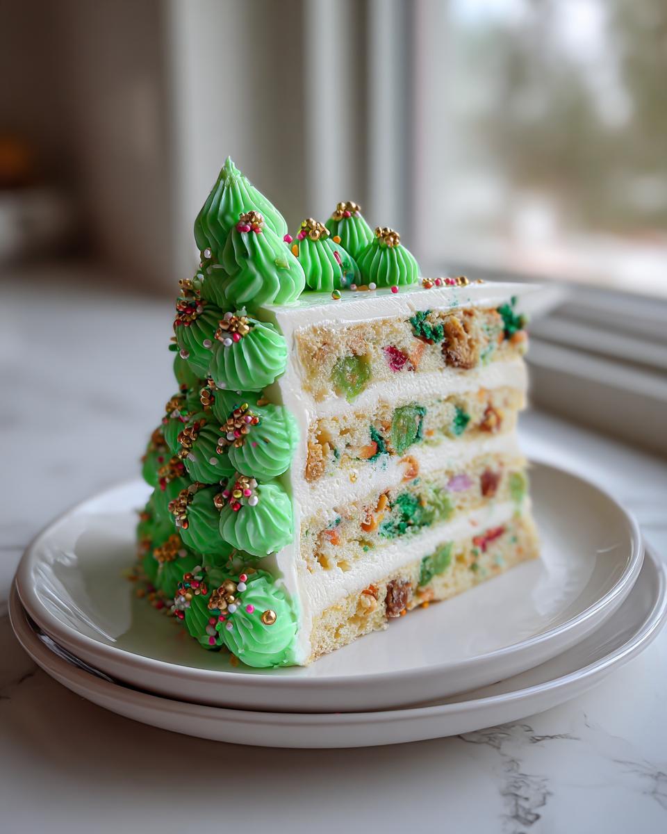 A tall slice of christmas tree cheesecake featuring layers of cake with colorful bits, white frosting, and green piped Christmas tree decorations.