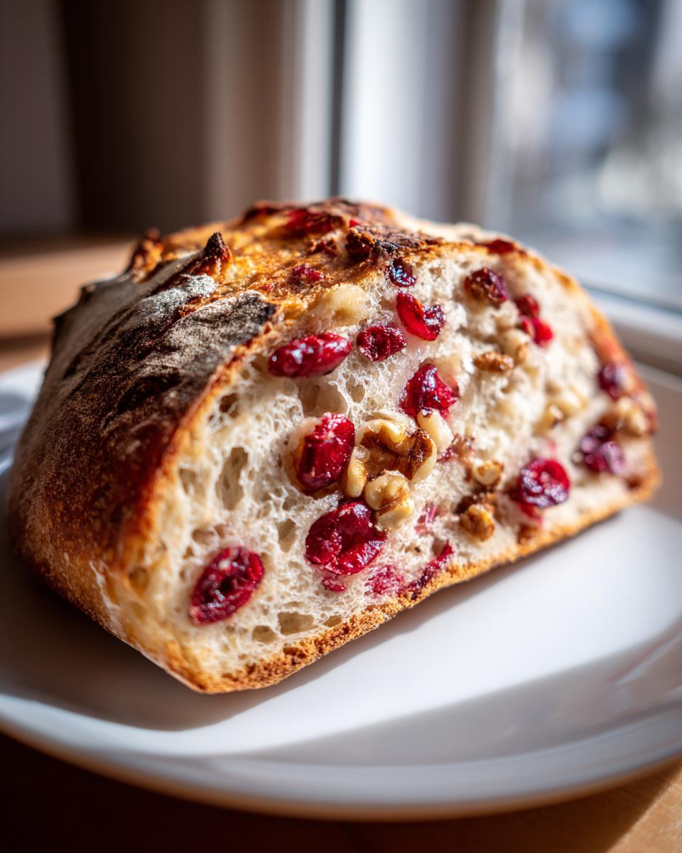 Close-up of a thick slice of homemade cranberry walnut bread showing the airy crumb, bright red cranberries, and walnuts.