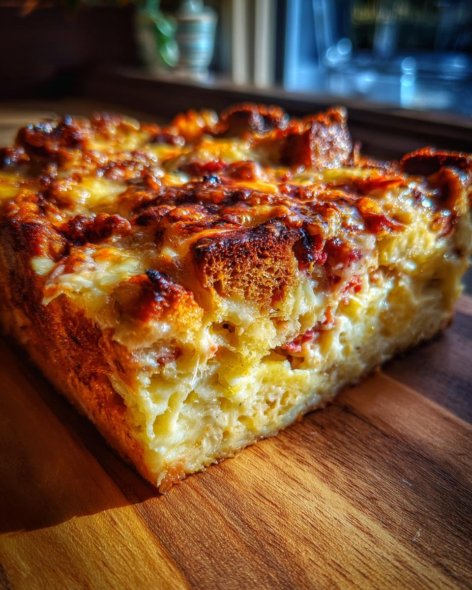 Close-up of a golden-brown slice of homemade Reuben bake showing melted cheese and bread texture.