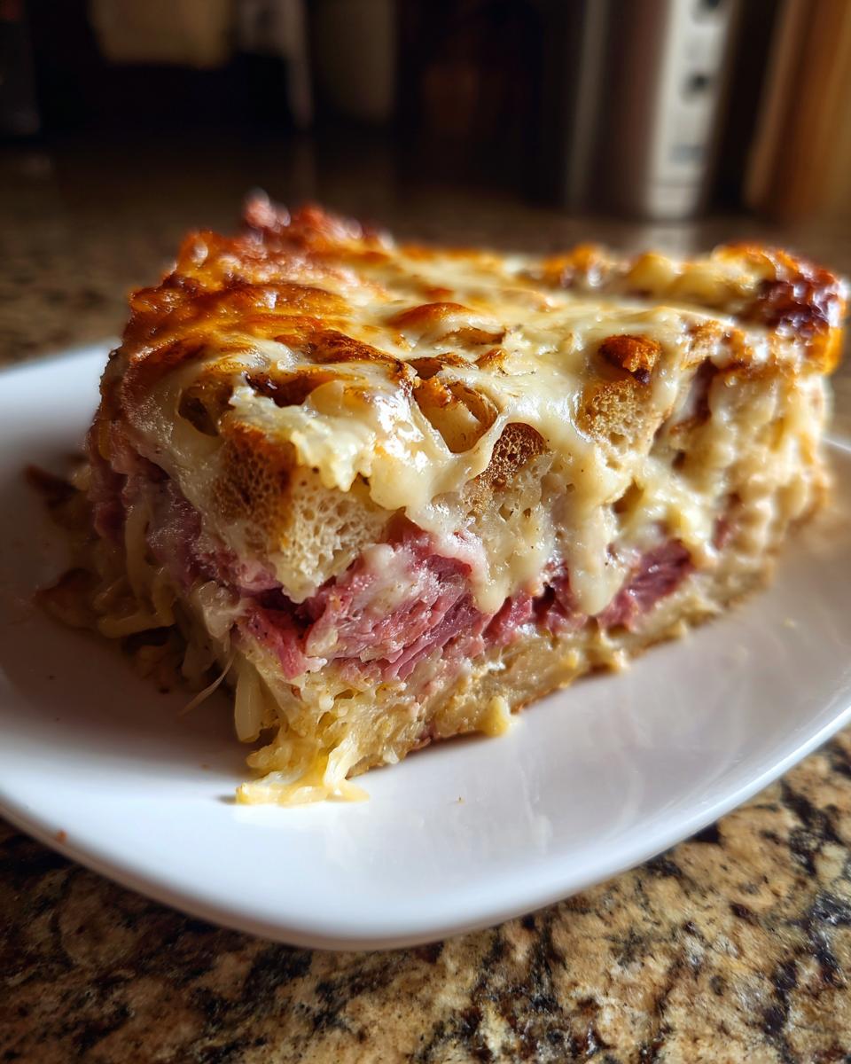 Close-up of a square serving of homemade reuben bake, showing layers of corned beef, sauerkraut, and melted Swiss cheese.