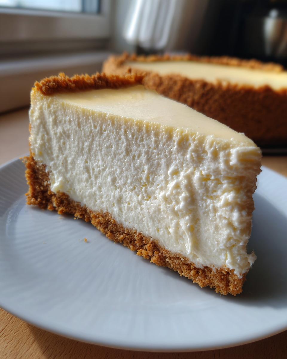 A thick slice of creamy cheesecake with a golden graham cracker crust, ready to eat from our amazing 450 calorie cheesecake recipe.