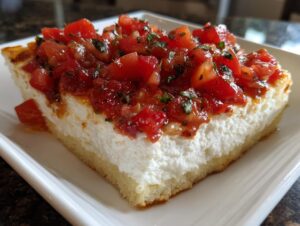 A close-up of a square slice of creamy bruschetta dip, featuring a thick white cheese layer and bright red tomato topping.
