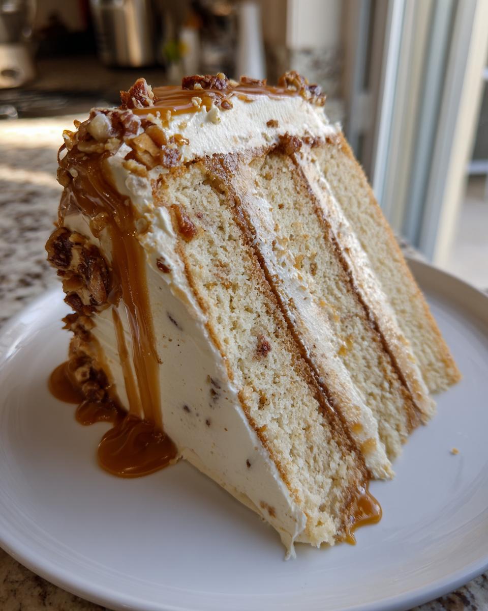 A tall, decadent slice of caramel crunch cake showing four layers of cake, frosting, and caramel drizzle.