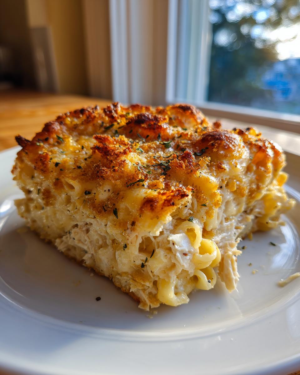 A close-up of a hearty slice of chicken noodle casserole with a golden, crispy topping on a white plate.