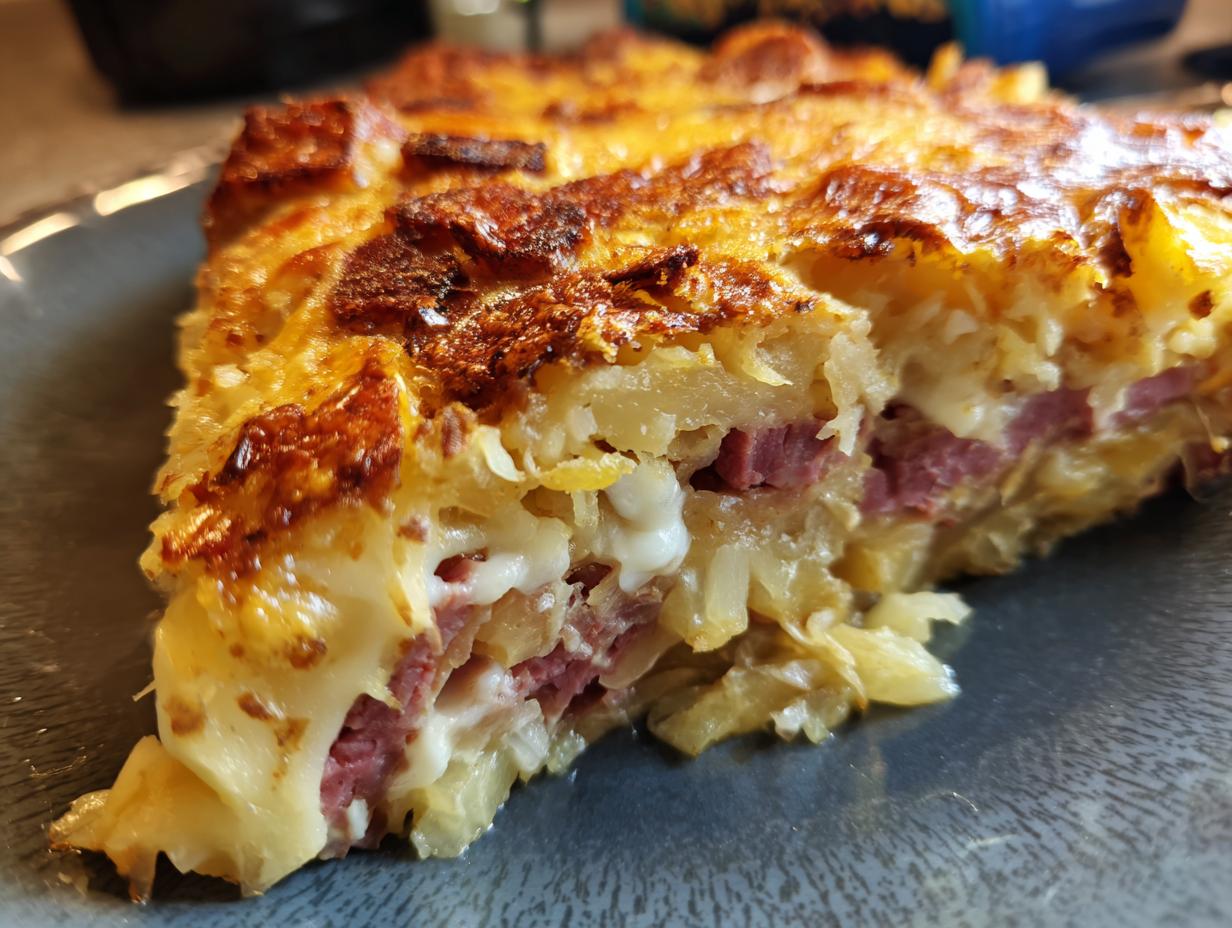 Close-up of a hearty slice of homemade reuben bake showing layers of corned beef, sauerkraut, and melted cheese.