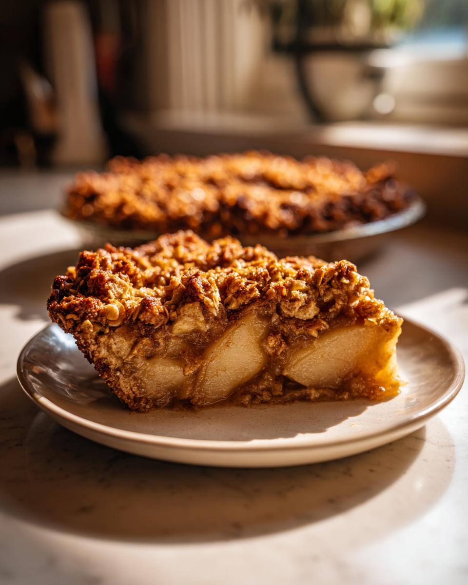 Close-up of a slice of warm pear crisp showing tender pear filling and a crunchy oat topping, with the full pear crisp blurred in the background.