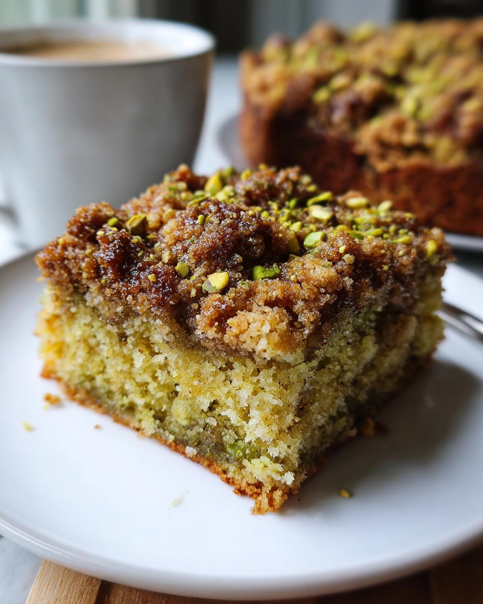 Close-up of a moist slice of pistachio coffee cake with a thick, sugary crumb topping and chopped pistachios.