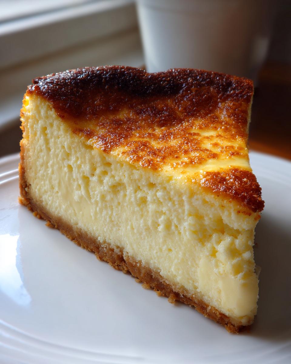 A perfect slice of baked white chocolate cheesecake showing a creamy interior and a deeply caramelized, browned top crust.