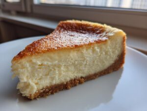 A close-up of a creamy slice of white chocolate cheesecake with a golden-brown top and graham cracker crust.