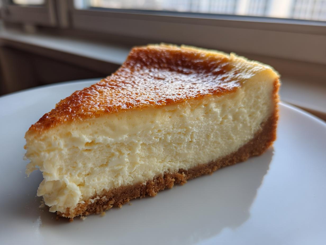 A close-up of a creamy slice of white chocolate cheesecake with a golden-brown top and graham cracker crust.