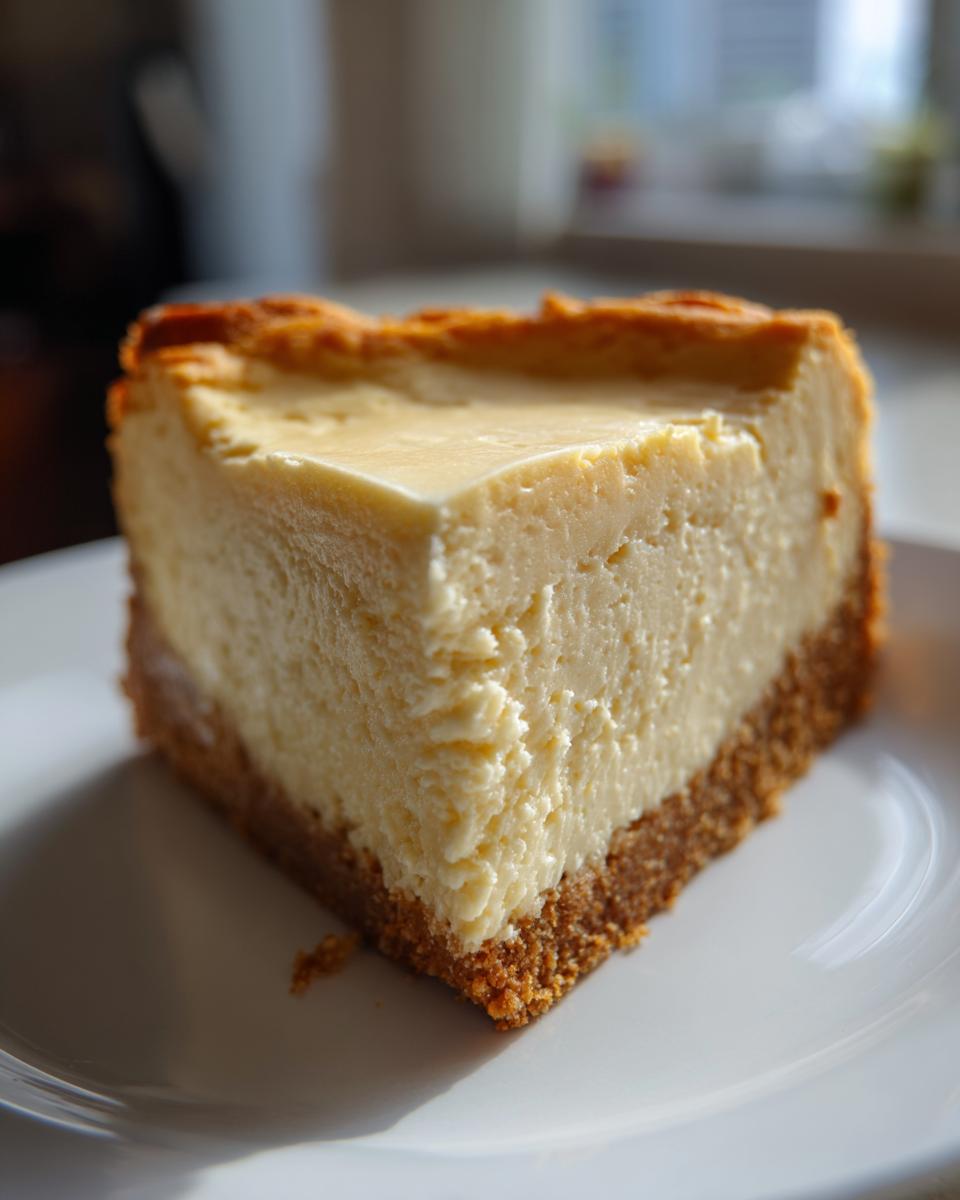 Close-up of a thick slice of creamy white chocolate cheesecake with a graham cracker crust on a white plate.