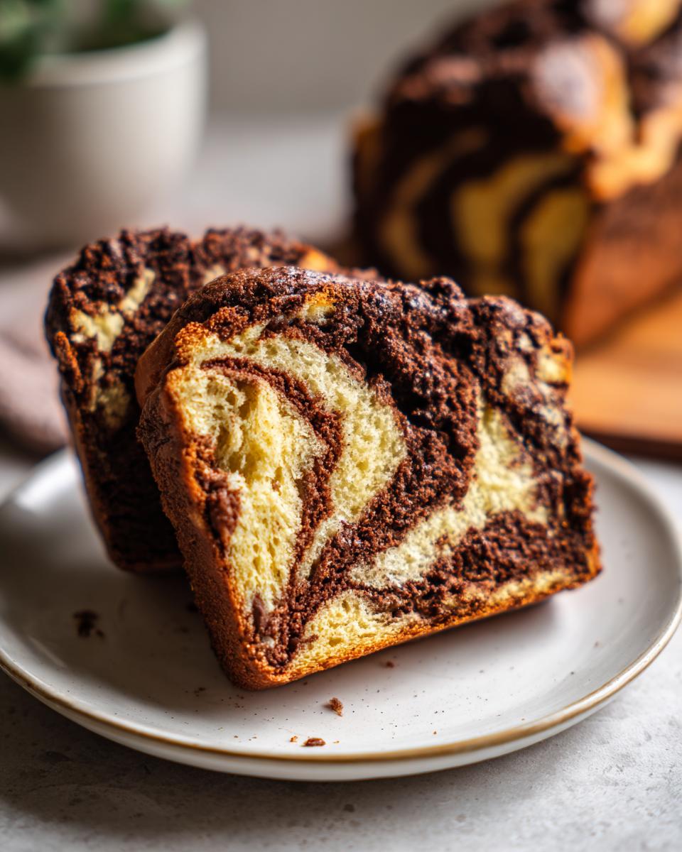 Two thick slices of moist chocolate babka showing beautiful yellow dough swirled with rich dark chocolate filling.