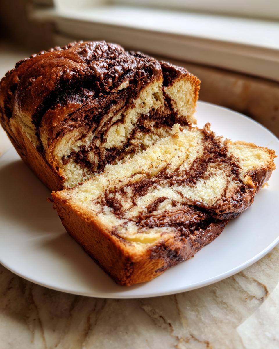 A loaf of homemade chocolate babka, partially sliced, showing rich chocolate swirls inside.