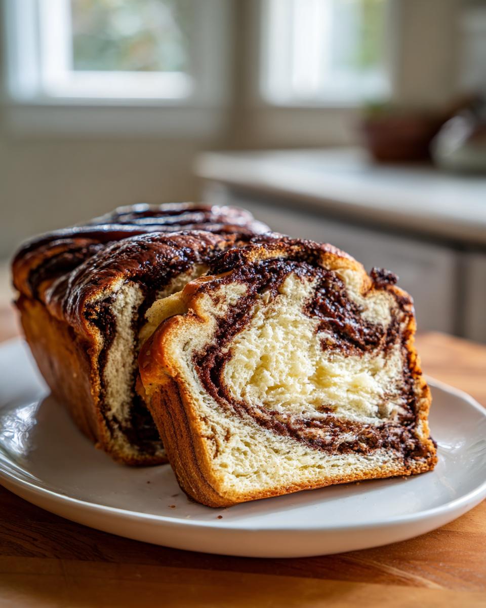 Close-up of a freshly sliced chocolate babka showing rich chocolate swirls inside the sweet bread.
