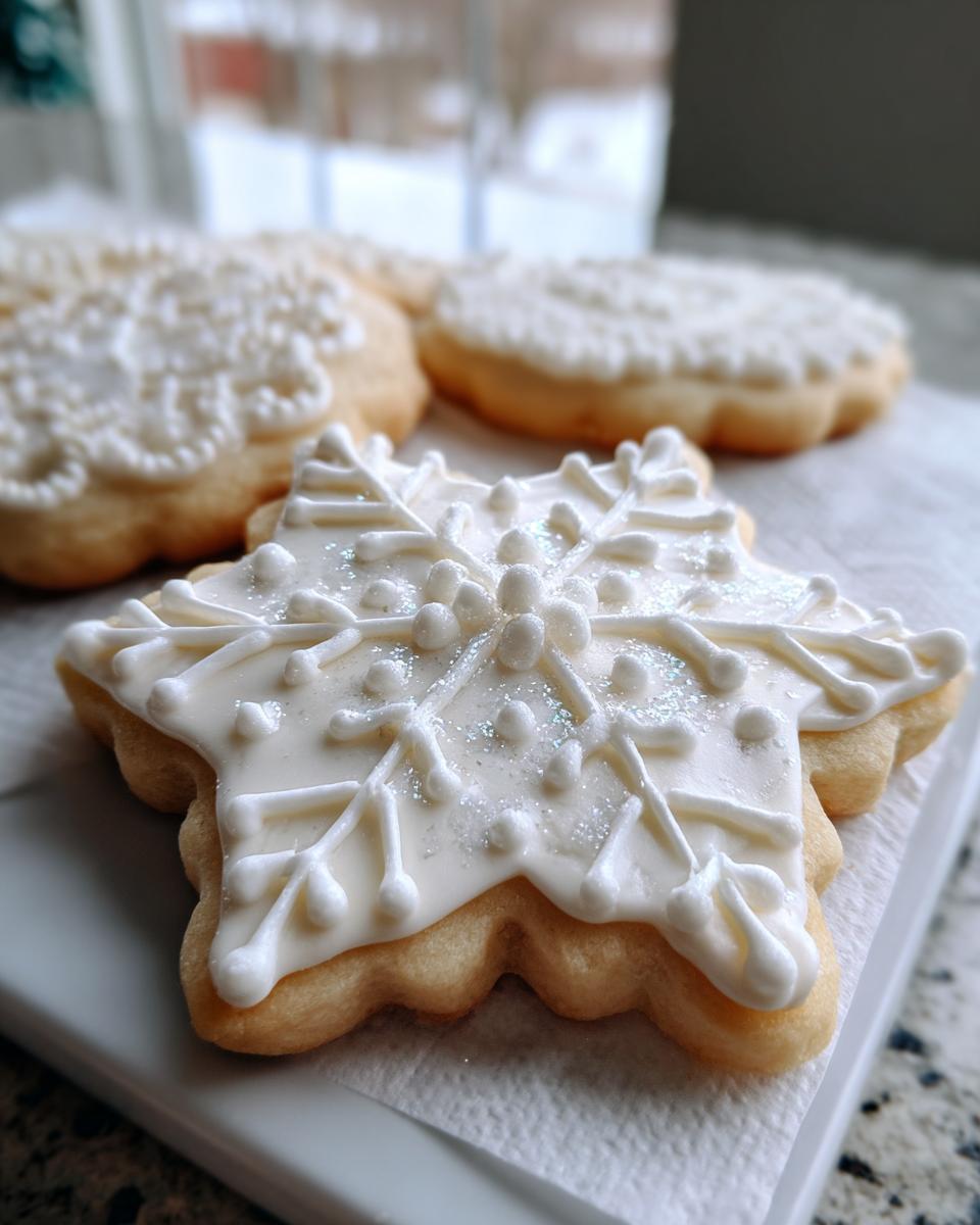 Close-up of a snowflake-shaped sugar cookie featuring detailed white royal cookie icing and edible glitter.
