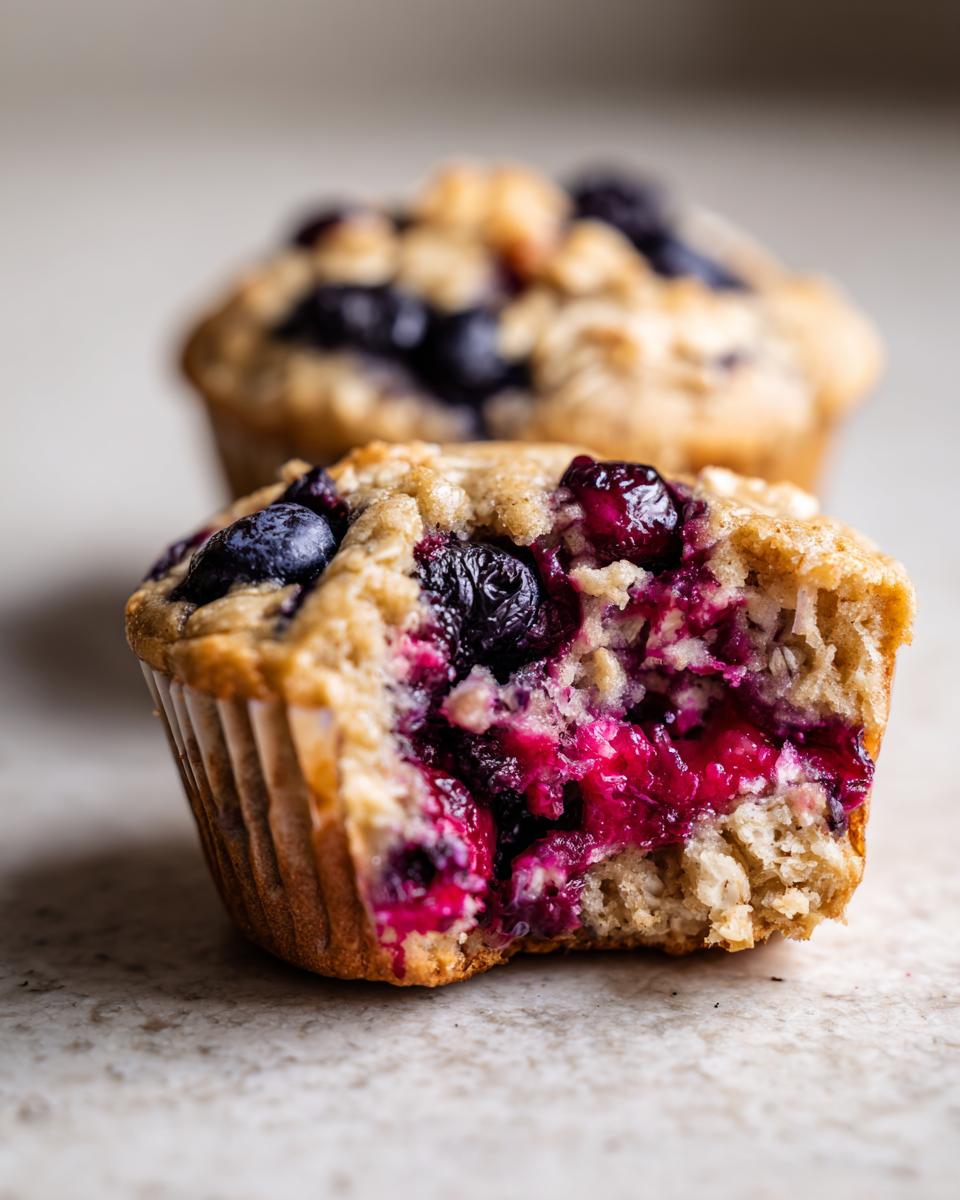 Close-up of a soft blueberry oatmeal muffin with a bite taken out, revealing vibrant, jammy blueberry filling.