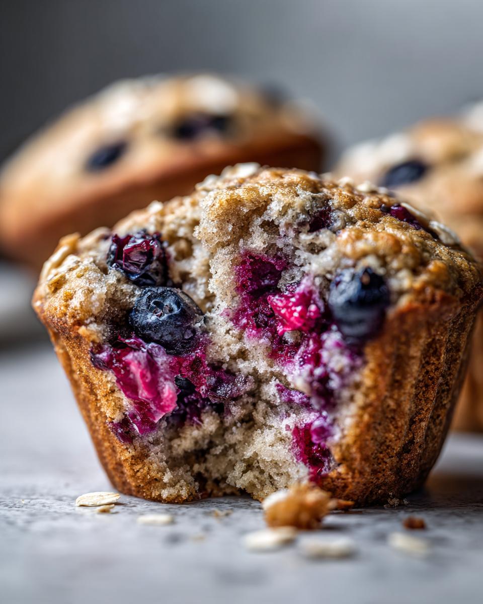 Close-up of a soft blueberry oatmeal muffin with a bite taken out, revealing juicy, burst blueberries inside.