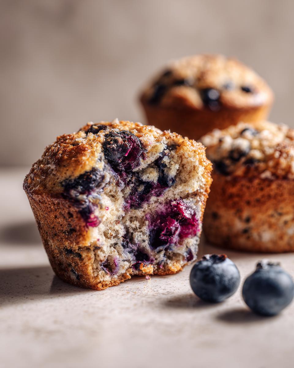 Close-up of a soft blueberry oatmeal muffin cut in half showing moist interior and fresh blueberries.