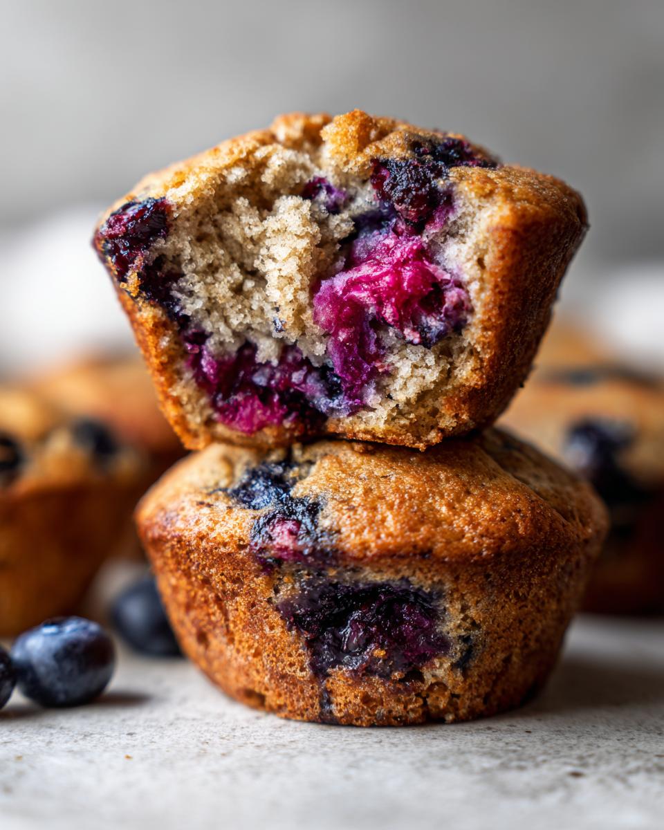 Close-up of two stacked blueberry oatmeal muffins, one cut in half showing the moist interior and burst blueberries.