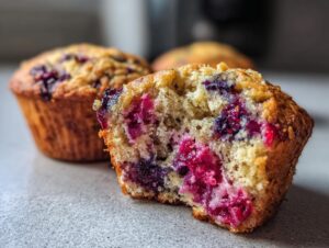 Close-up of a soft blueberry oatmeal muffin cut in half, showing moist texture and vibrant berries.