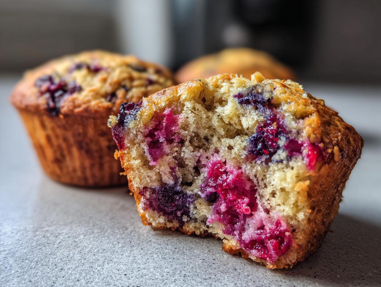 Close-up of a soft blueberry oatmeal muffin cut in half, showing moist texture and vibrant berries.