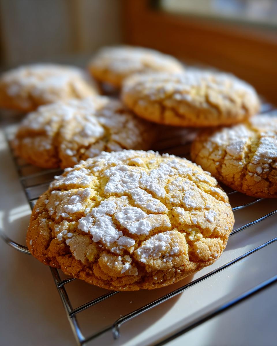 Close-up of soft, crinkle-topped cool whip cookies dusted heavily with powdered sugar, cooling on a wire rack.