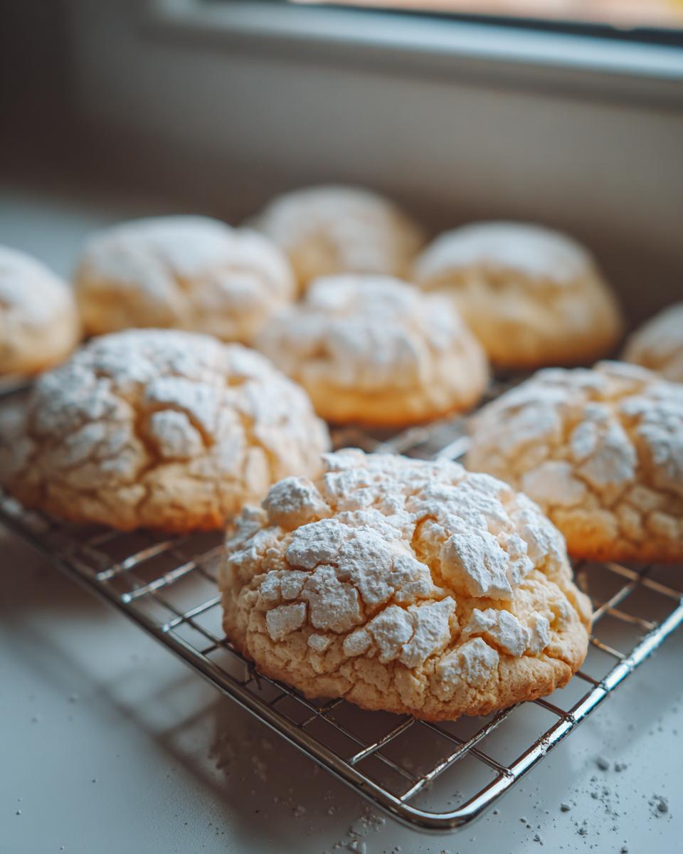 Close-up of soft, crinkle-topped cool whip cookies cooling on a wire rack, heavily dusted with powdered sugar.