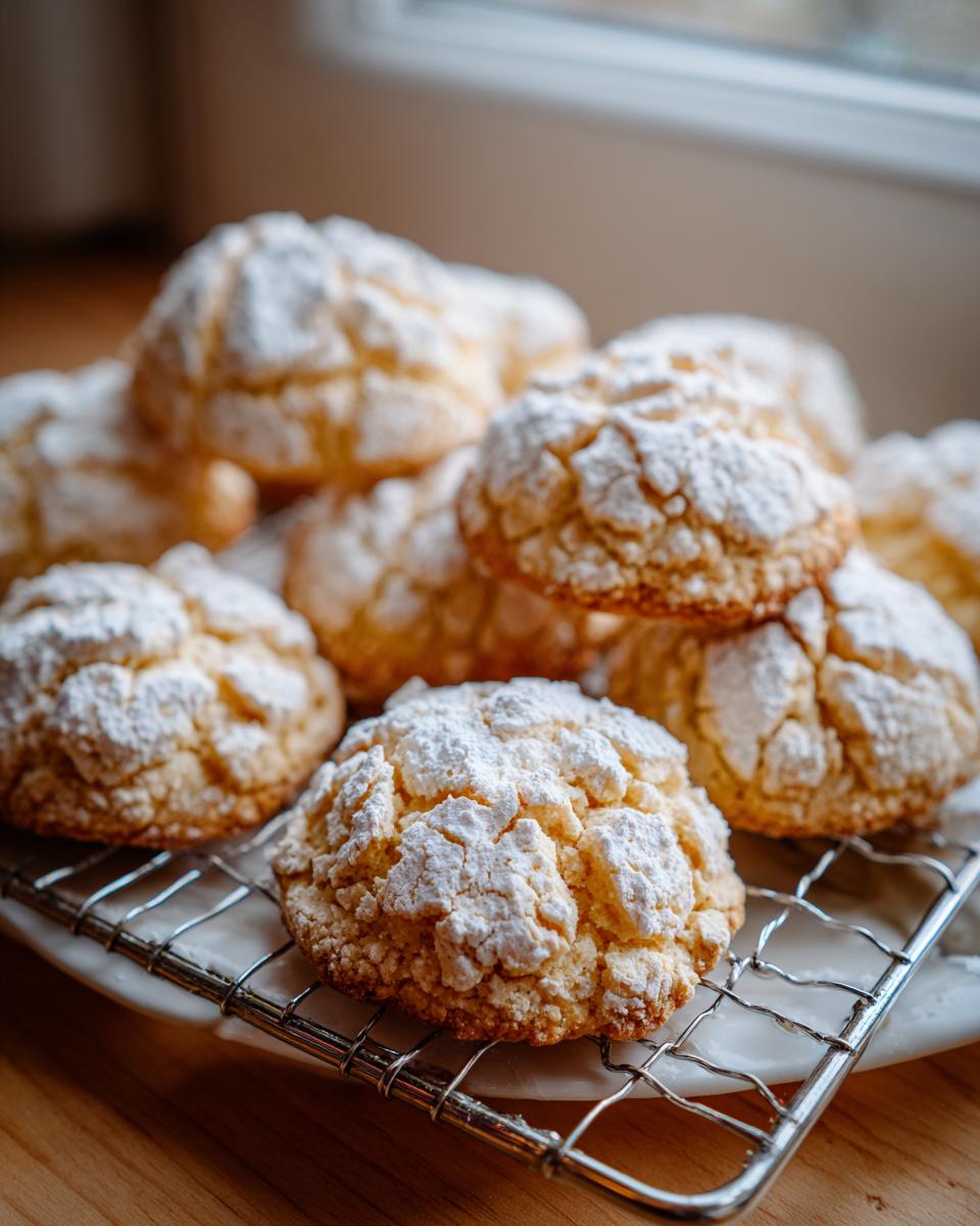 A pile of soft, crinkle-topped cool whip cookies generously dusted with powdered sugar, cooling on a rack.