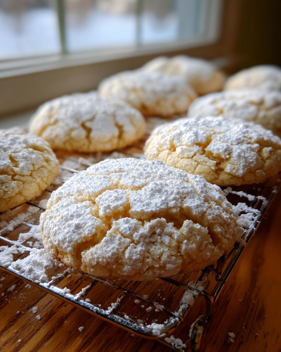 Close-up of several soft cool whip cookies heavily dusted with powdered sugar, cooling on a wire rack.