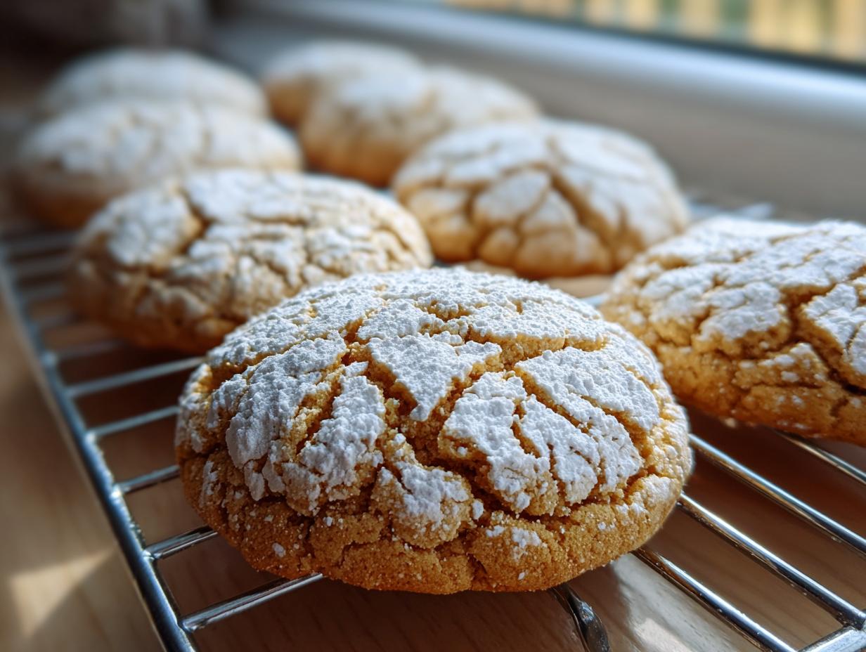 Close-up of soft, golden cool whip cookies dusted heavily with powdered sugar, cooling on a wire rack.