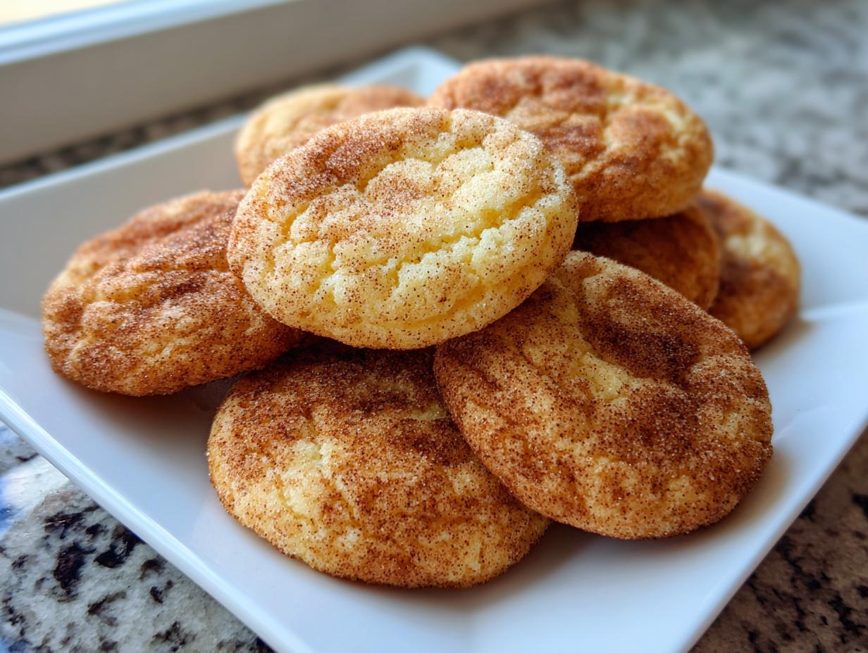 A stack of freshly baked, soft snickerdoodle cookies generously coated in cinnamon sugar, resting on a white plate.